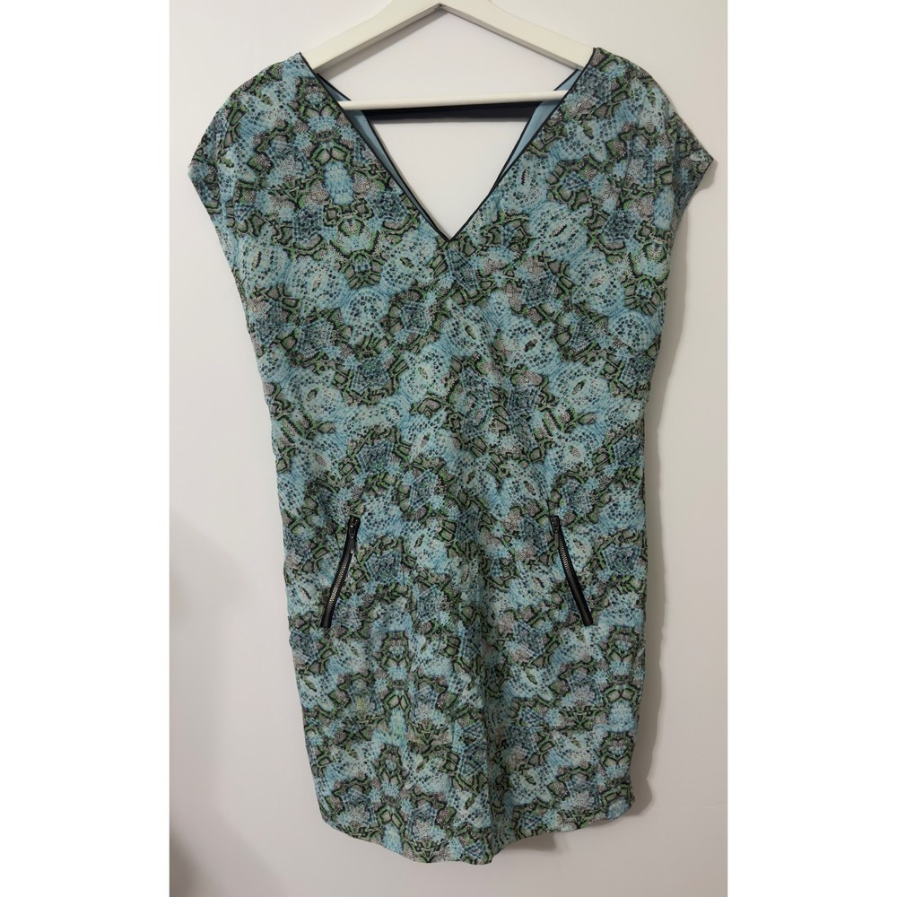 Maeve Silk Shift Dress Womens 4 Blue Green Snakeskin V-Neck Open Back Lux Design